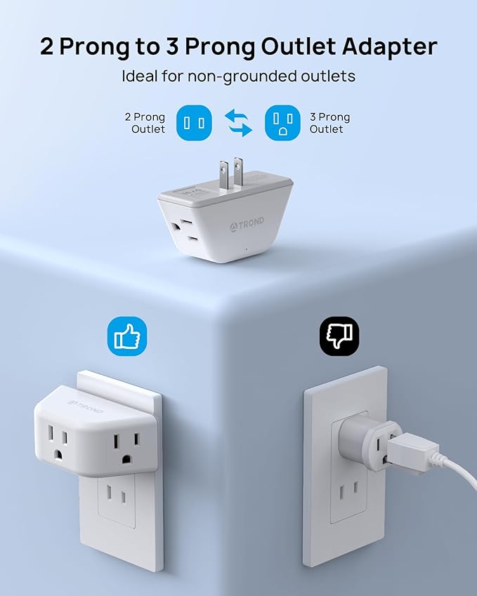 TROND 2 Prong to 3 Prong Outlet Adapter, 3-Way Angled Plug Extender - Image 2