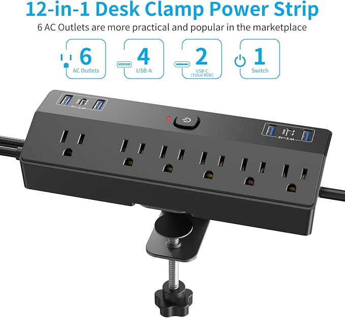 Desk Clamp Power Strip with 40W Fast Charging Station, JXGUCAT Removable Desk - Image 2