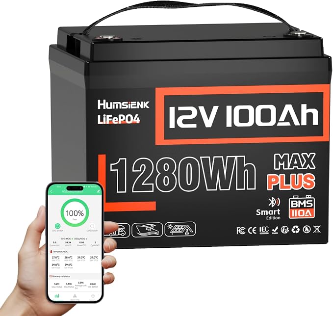 12V 100Ah LiFePO4 Lithium Battery MAX PLUS, Built-in 110A BMS & Bluetooth 5.0 by HumsiENK