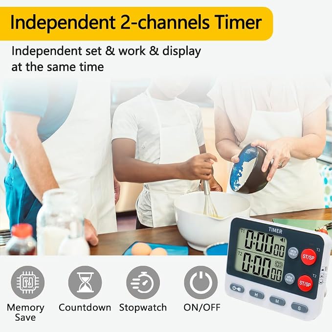 Digital Dual Kitchen Timer, 2 Groups Cycle Countdown Timer, ON/Off Memory - Image 2