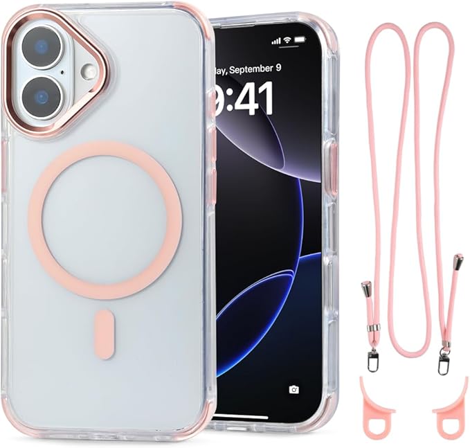 for iPhone 16 Case with 62.99 inch Lanyard, Classic Clear&Pink Magnetic Phone by QATYYY