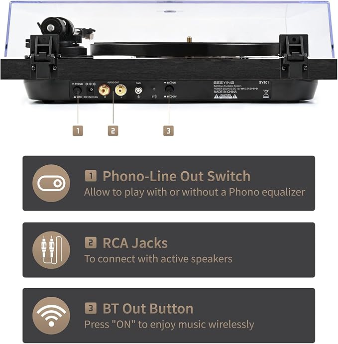 Turntable Vinyl Record Player Support Bluetooth Output Phono/Line Switch Pitch - Image 3