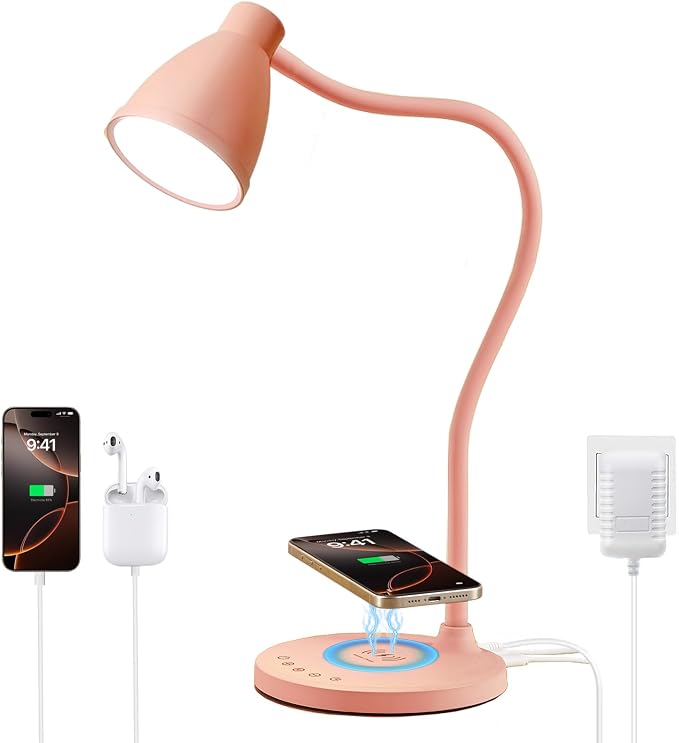 BOHON Cute Desk Lamp with USB C+A Charging Ports, Wireless Charger Pink Lamp by BOHON