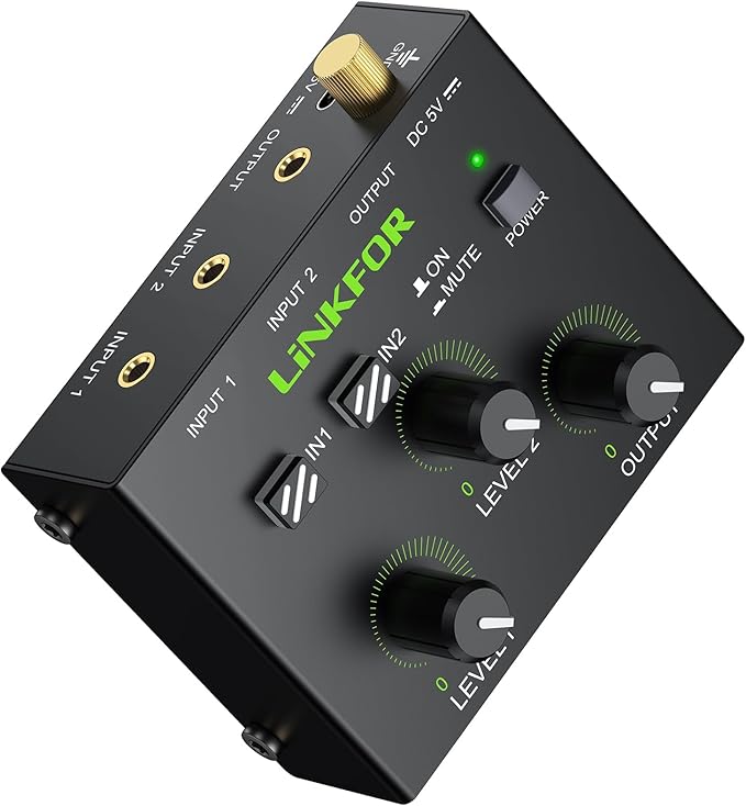 LiNKFOR 2 Channel 3.5mm Audio Mixer Stereo Audio Mixer Support RCA Input and by LiNKFOR
