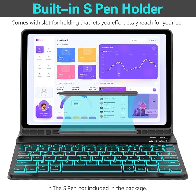 Galaxy Tab A9 Plus Case with Keyboard 5G 11 Inch 2023, 7 Color Backlit - Image 2