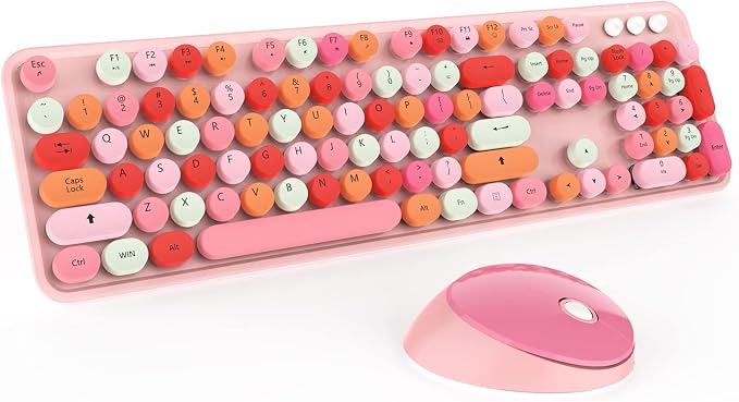 Cute Pink Wireless Keyboard and Mouse, 2.4G Retro Round Keycap by Kootop