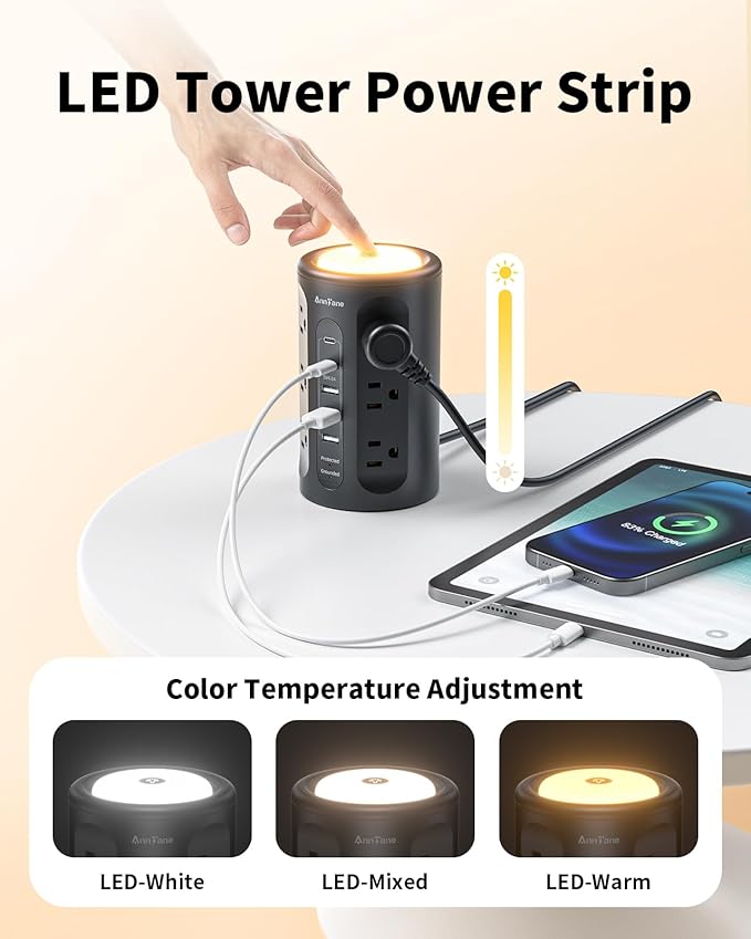 Power Strip Tower with Night Light, Power Strip Surge Protector with USB Ports - Image 4