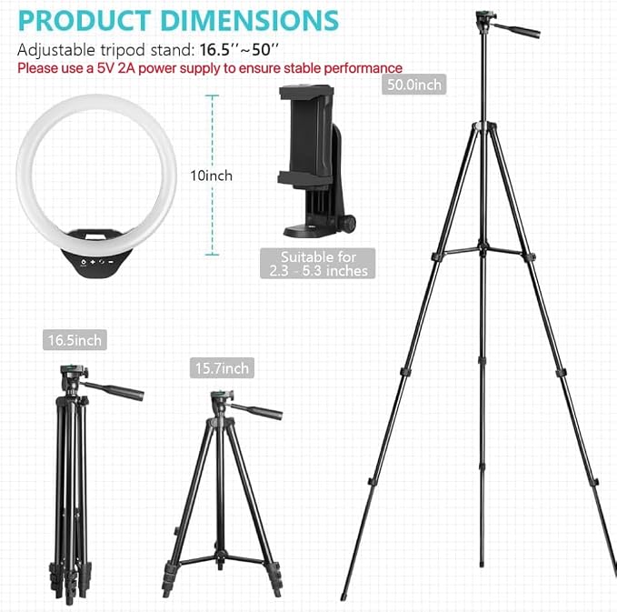 Sensyne 10'' Ring Light with 50'' Extendable Tripod Stand, LED Circle Lights - Image 6