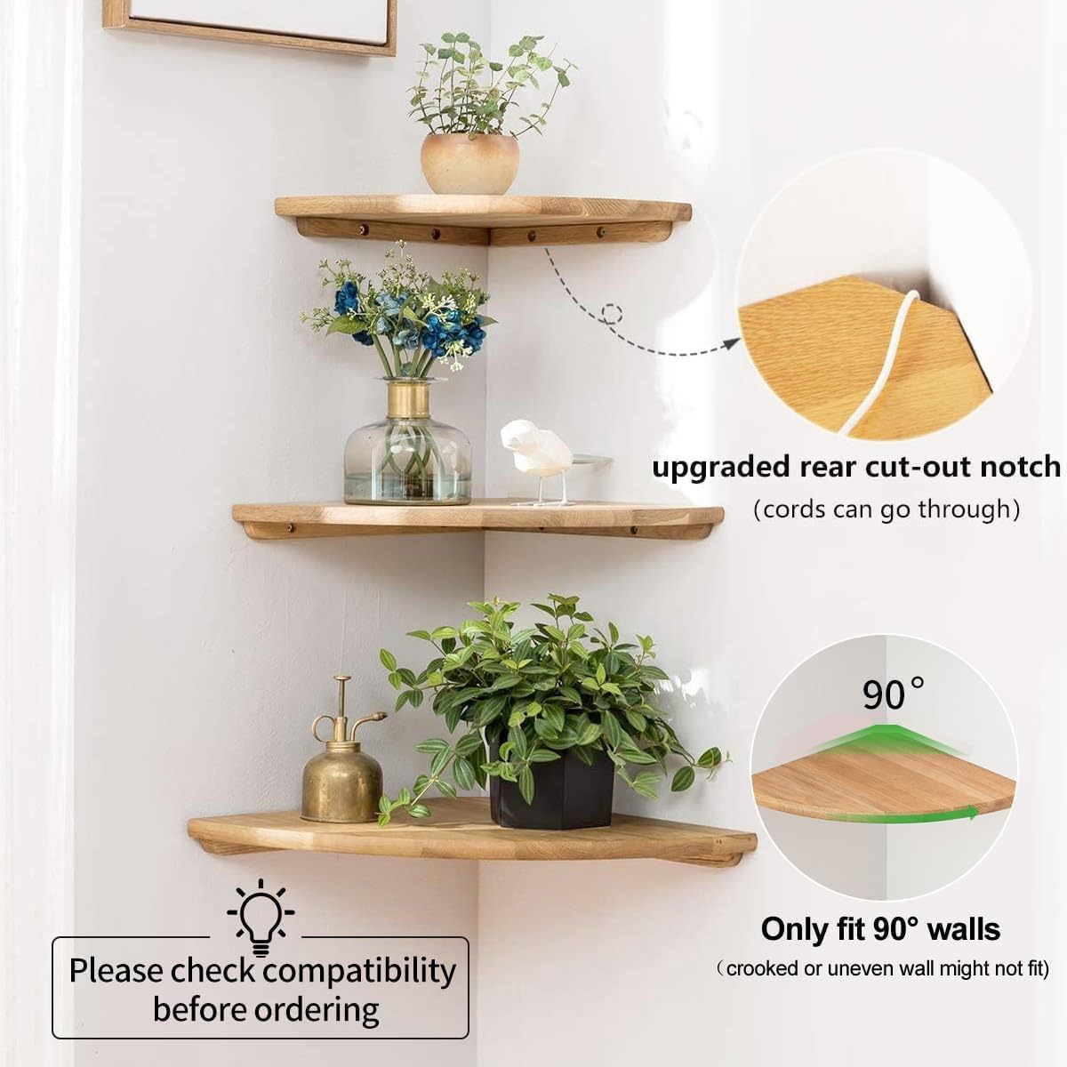 Corner Shelves, Floating Corner Shelf, Set of 2 Solid Oak Wood Wall Shelves, Round End Wall Mount with Wire Hole Shelving for Small Plant for Bedroom Kitchen, Living Room (Oak, 7.1in 2P)