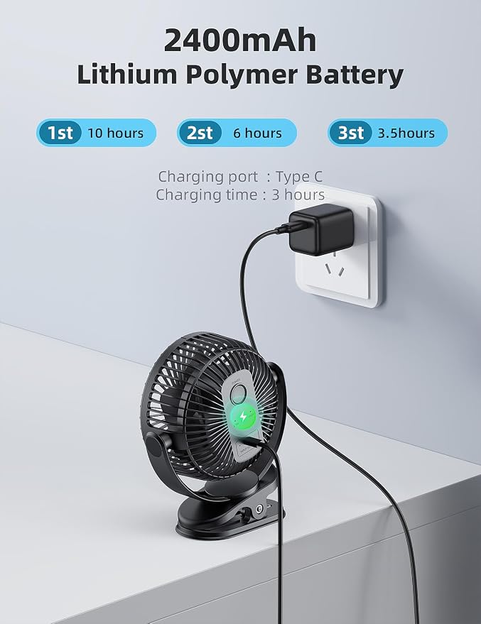 USB Portable Clip on Fan, 2400mAh Battery Type-C 6in, 3 Speed 720° Tilting Head - Image 3