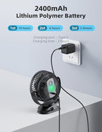 USB Portable Clip on Fan, 2400mAh Battery Type-C 6in, 3 Speed 720° Tilting Head - Image 3