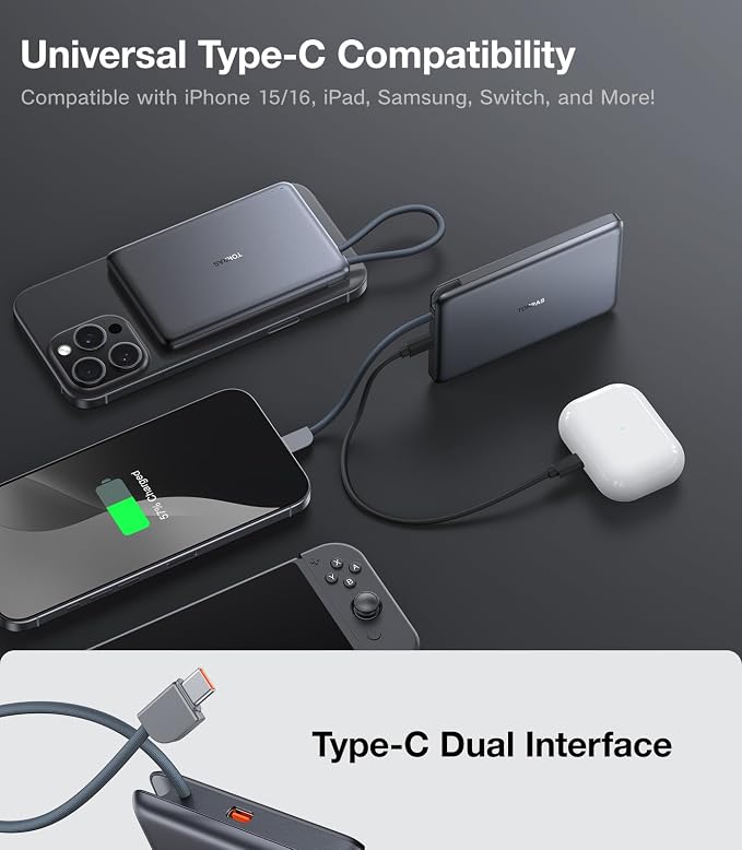 TORRAS Power Bank with Built-in USB-C Cable, Ultra-Slim 10, 000mAh Portable - Image 7