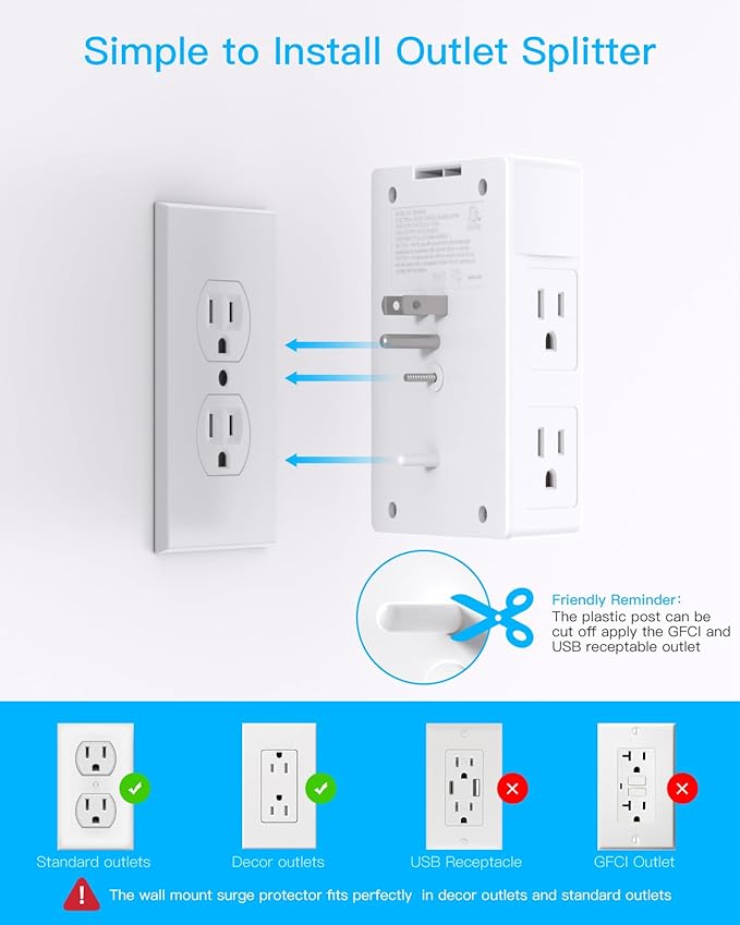 One Beat Surge Protector Wall Outlet Extender, 5 Outlets & 4 USB Ports - Image 5