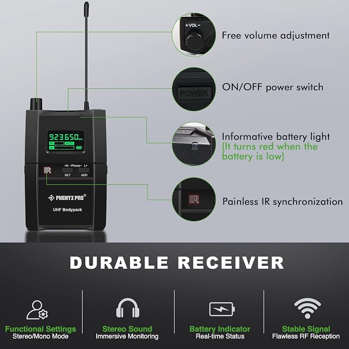 Phenyx Pro PTM-10 Stereo Wireless in Ear Monitor System Bodypack Receiver - Image 3