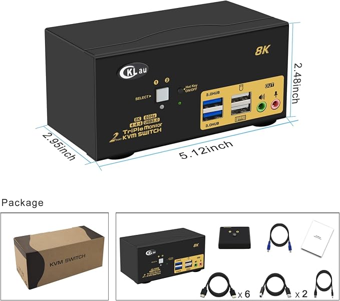 CKLau 2 Port USB 3.0 Triple Monitor KVM Switch HDMI 2.1 8K@60Hz 4K@144Hz - Image 6