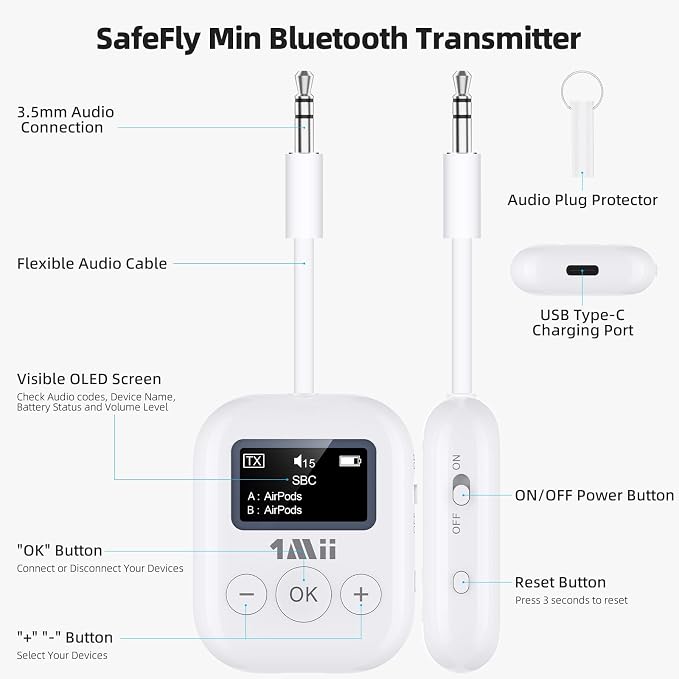 1Mii Bluetooth Transmitter for Airplane, Airplane Travel Essentials, Aptx Low - Image 7