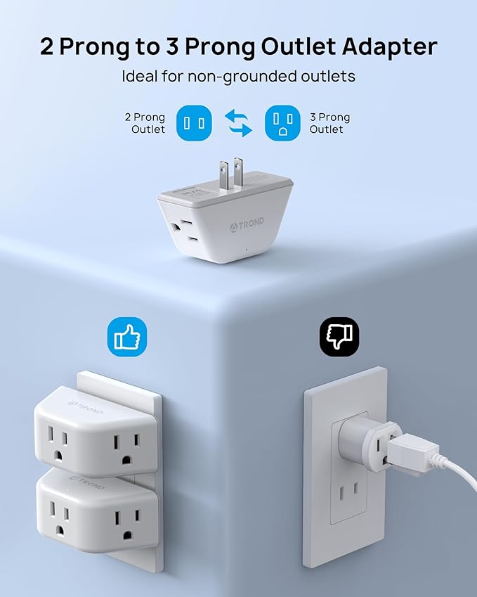 TROND 2 Prong to 3 Prong Outlet Adapter 2 Pack, 3-Way Angled Wall Extender - Image 2