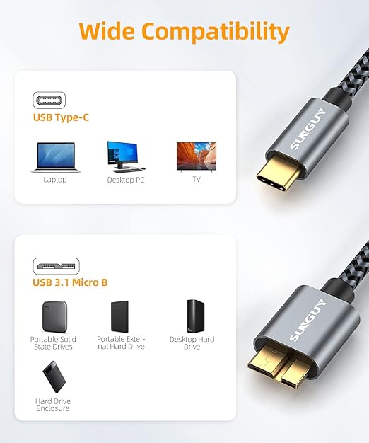 SUNGUY 10Gbps Micro B to USB C Hard Drive Cable 6FT, USB 3.1 USB C to Micro B - Image 7