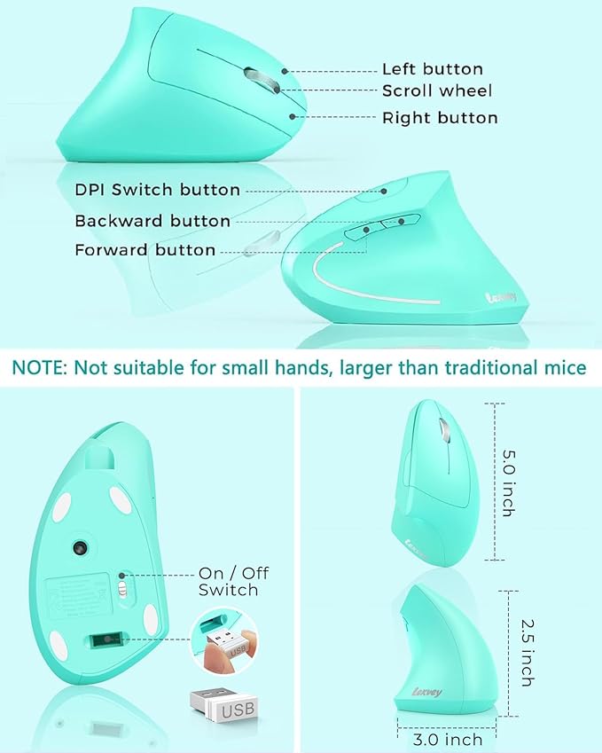 Lekvey Ergonomic Mouse, Vertical Wireless Mouse Rechargeable 2.4 GHz Optical - Image 6