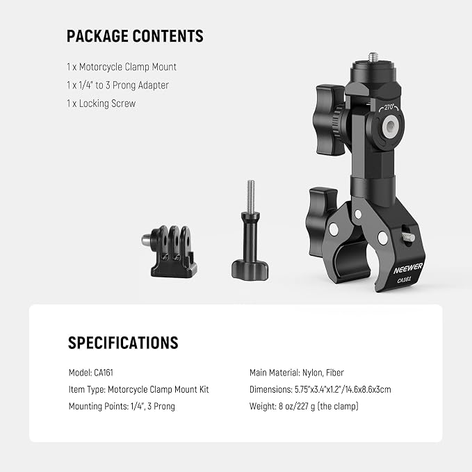 NEEWER Motorcycle Bike Handlebar Clamp Mount, Heavy Duty Clip Holder, 1/4" - Image 7
