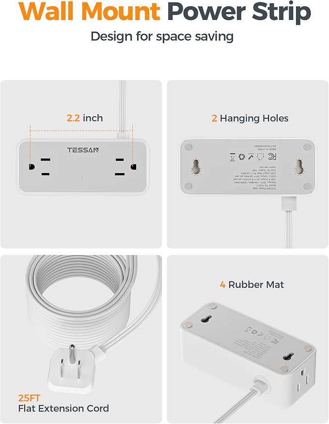 Flat Plug Extension Cord 25 ft, TESSAN Surge Protector Power Strip - Image 8