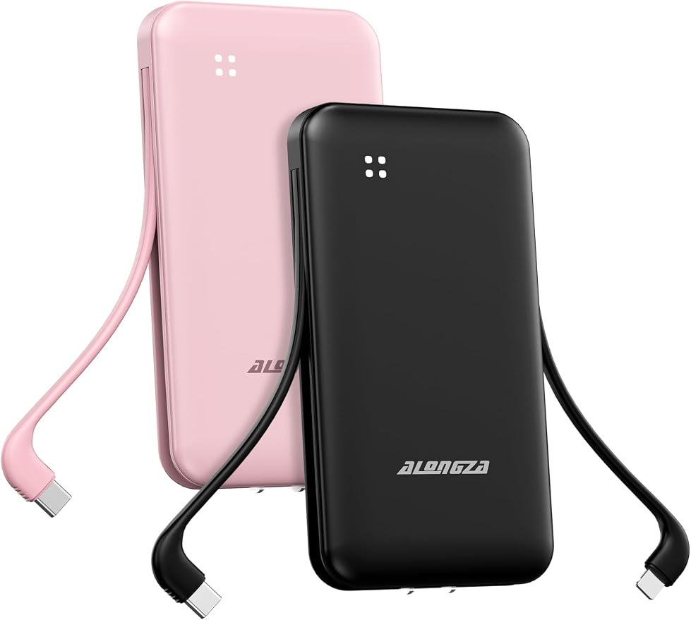 Alongza Portable Charger Built-in Cables and AC Wall Plug, Slim Fast Charging by Alongza