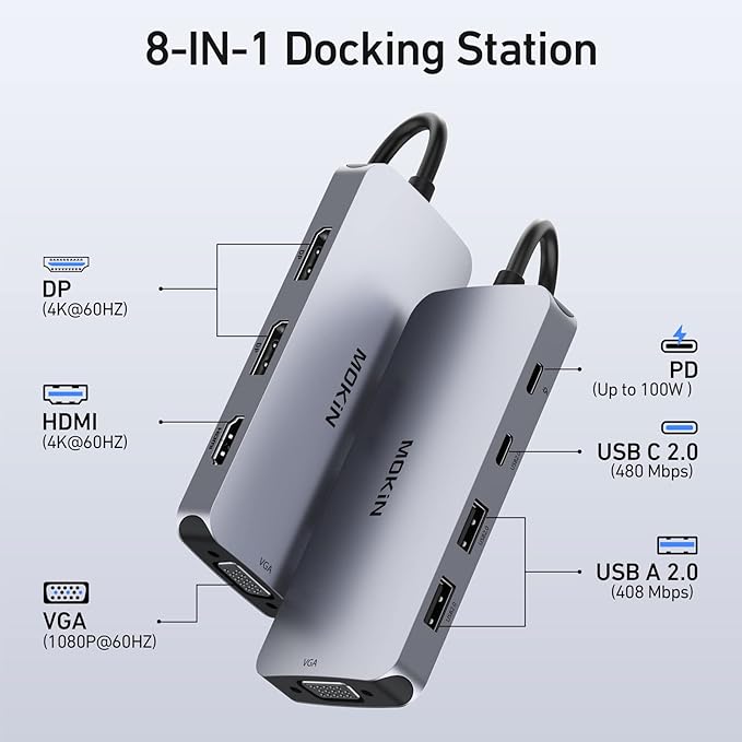 USB C Docking Station Dual DisplayPort, 8 in 1 USB Hub - Image 2
