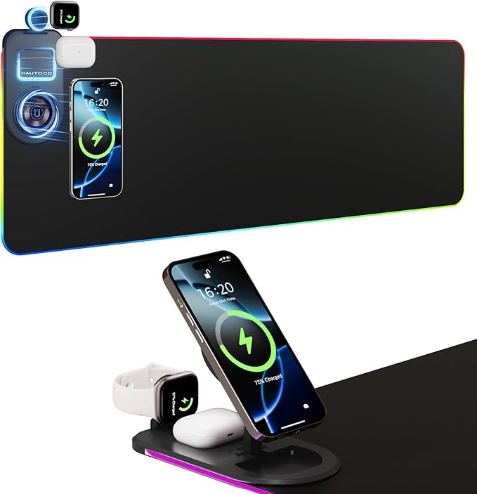 HAUTOCO Wireless Charging Mouse Pad 15W RGB Gaming Mousepad Waterproof Desk Mat by HAUTOCO