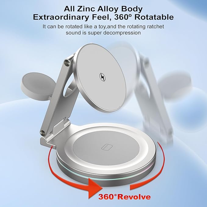 Foldable 360º Rotatable Zinc Alloy 3-in-1 Magnetic Wireless Charger, Charging - Image 2