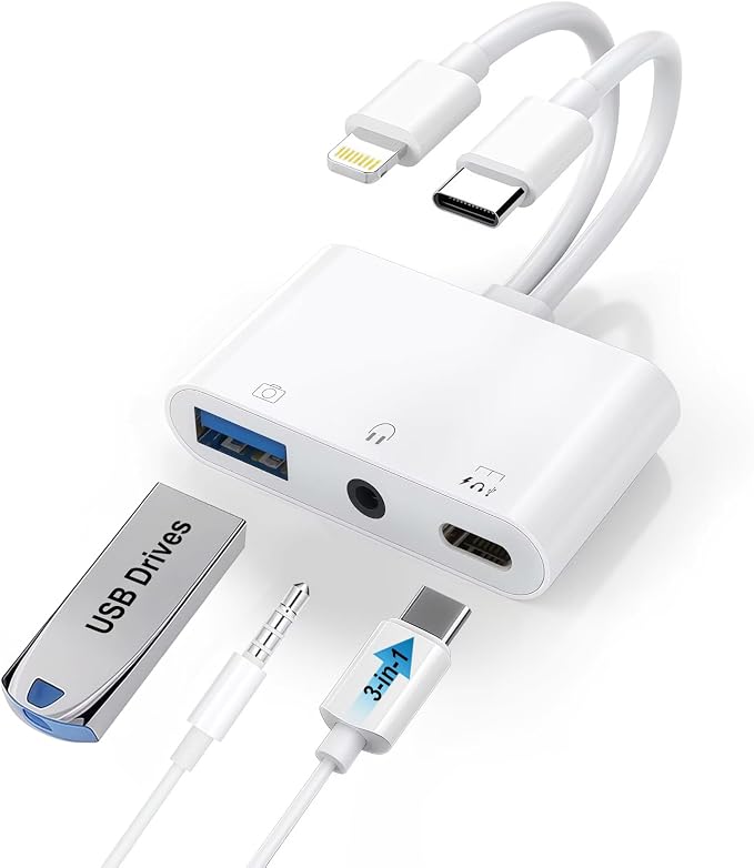 USB-C & Lightning to 3.5mm Headphone Adapter, 3-in-1 USB OTG Camera Adapter & by Sanjyut