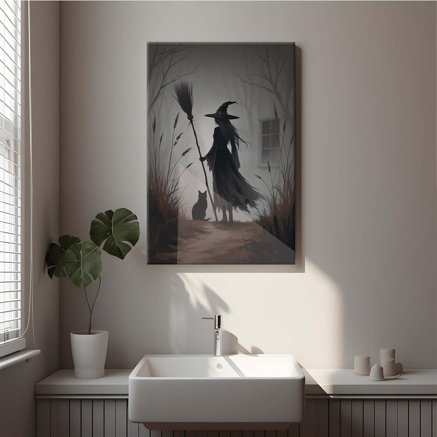 JFHCQJPK Vintage forest witch and black cat poster Halloween mural poster decoration mural art magic suitable for home living room bedroom8x12in Frameless