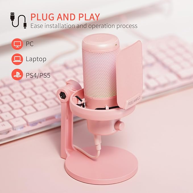 FEELWORLD VM1 Pink Gaming PC USB Microphone Condenser Mic - Image 5