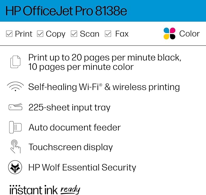 HP OfficeJet Pro 8138e Wireless All-in-One Color Inkjet Printer, Duplex - Image 7
