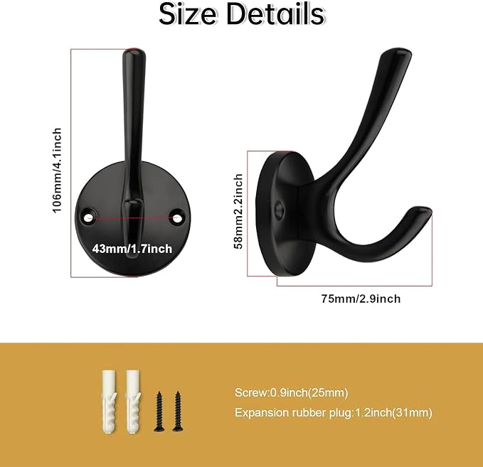 4 Packs Black Coat Hooks, Decorative Double Prong Metal Closet Hooks - Image 3