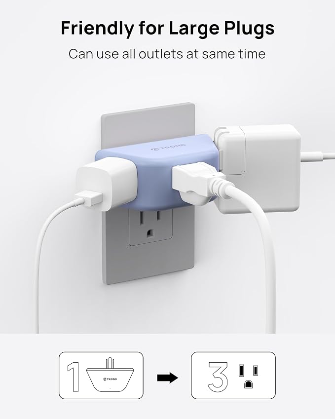 TROND Outlet Extender, 3 Way Angled Wall Plug Splitter, 3-Prong Grounded Outlet - Image 3