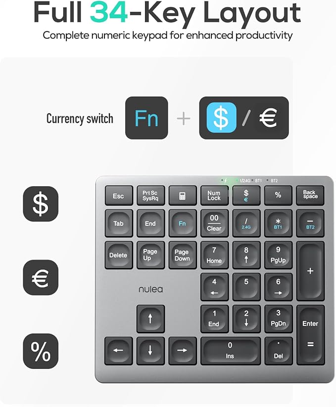 Nulea Wireless Number Pad Bluetooth 5.0 & 2.4G Portable Numeric Keyboard - Image 5