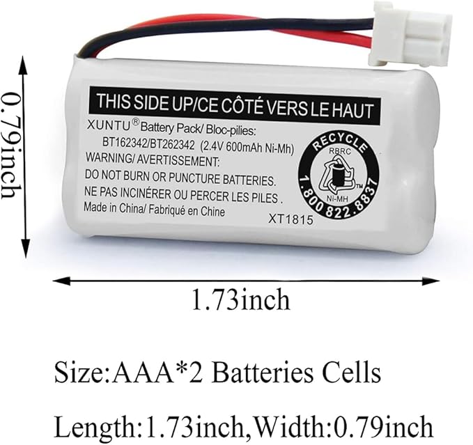 XUNTU BT162342/BT262342 2.4V 600mAh Ni-MH Cordless Phone Battery Pack - Image 3