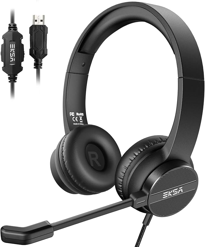 USB Headset with Microphone for PC Laptop, Wired Computer Headset Environmental by EKSA