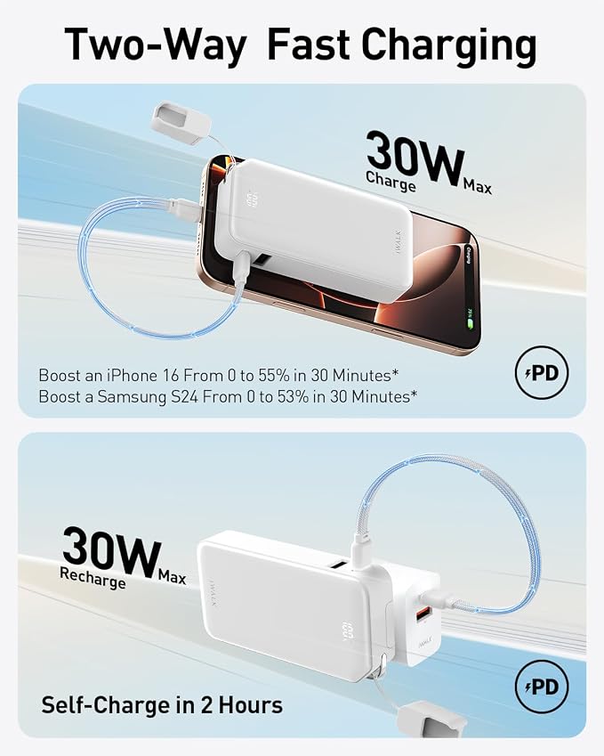 iWALK Portable Charger, Ultra Small 10, 000mAh 30W PD Power Bank, USB C in&Out - Image 3