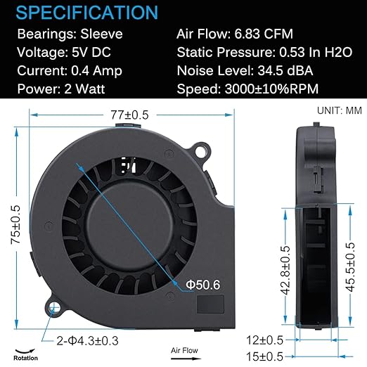GDSTIME 75mm USB Fan, 75mm x 15mm Blower Fan, 5V DC Brushless Cooling Fan - Image 7