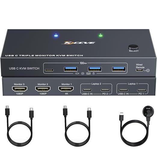 USB C KVM Switch 3 Monitors 2 Laptops 4K 1080P@60Hz, USB-C Docking Station by MLEEDA