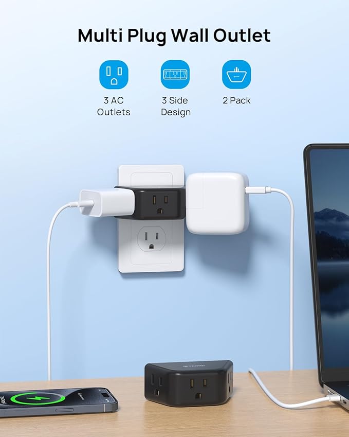 TROND 2 Pack Multi Plug Wall Outlet, 3 Way Angled Wall Outlet Extender - Image 2