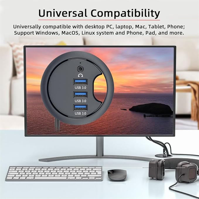 USB 3.0 Hub Sound Card 3 Port USB 60mm Desk Grommet Splitter Dock Station - Image 8