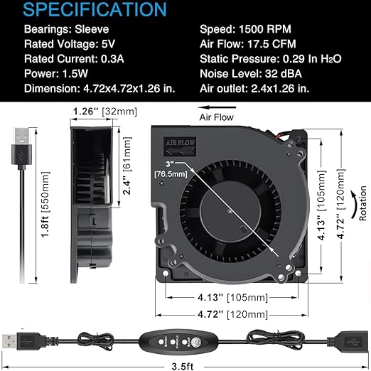 GDSTIME 120mm x 32mm USB Blower Fan - Image 6