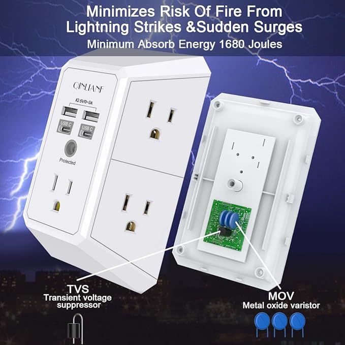 USB Wall Charger, Surge Protector, QINLIANF 5 Outlet Extender - Image 5