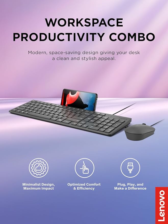 Lenovo 310 USB-A Wired Keyboard Mouse Combo, Quiet Keys, Ultra-Slim Gaming - Image 2