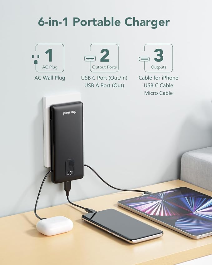 charmast Portable Charger with Built-in Cables & Wall Plug, 10000mAh Portable - Image 2