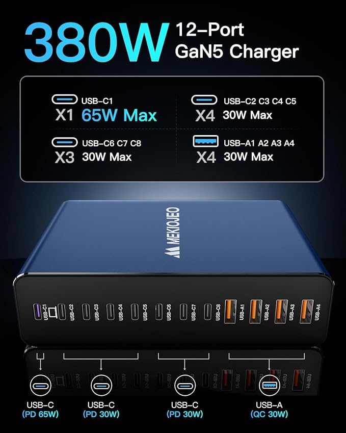 MEKIOJEO 12 Ports Aluminum Alloy 380W Charging Station Fast USB C Charger Block - Image 4