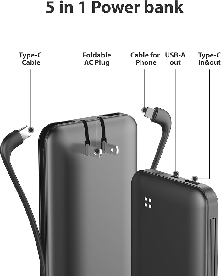 Alongza Portable Charger Built-in Cables and AC Wall Plug, Slim Fast Charging - Image 2