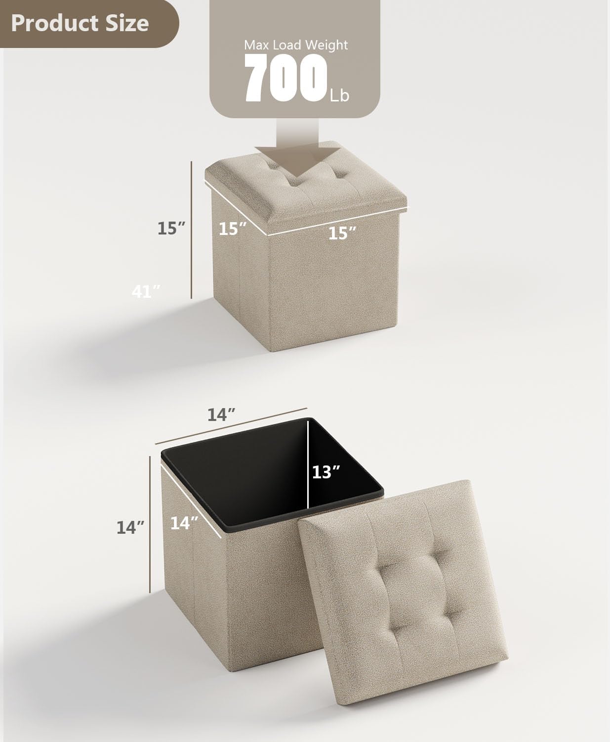 15 Inches Small Folding Storage Ottoman Cube, Storage Footrest, Foot Rest Stool, for Living Room, Bedroom, Dorm, Hallway, Entryway, Sandy Beige